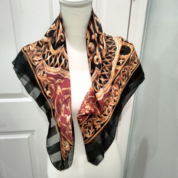 Unbranded Accessories - Sheer Scarf, Gold, Black, Burgundy Medallion Pattern, 34" Square, Polyester, New